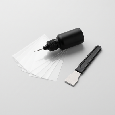 WHITTAKER GlassFix windshield repair kit: resin applicator, curing films and razor blade