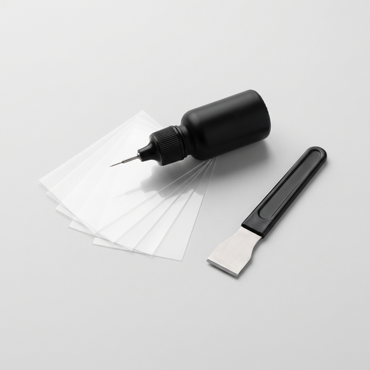 WHITTAKER GlassFix windshield repair kit: resin applicator, curing films and razor blade
